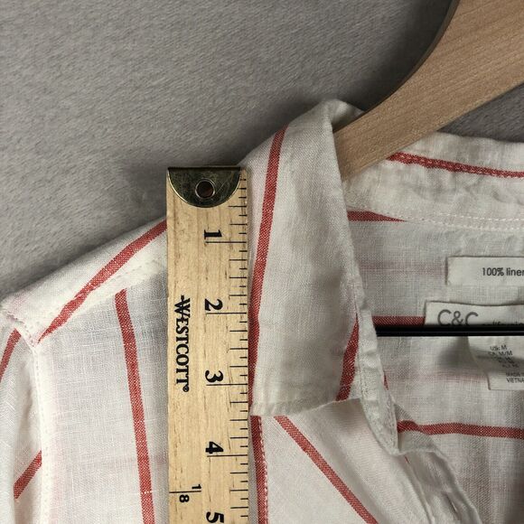 C&C CALIFORNIA 100% Linen Tunic Sz M White Red Stripe 1/2 Button Roll Tab Sleeve - Picture 5 of 13